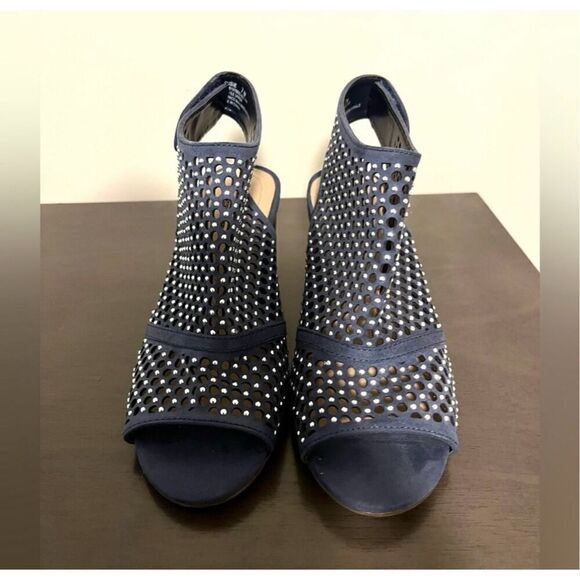 Kim Rogers Size 8.5 Memory Foam Block Heel Sandal Blue Studded Faux Leather - Picture 4 of 10